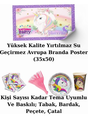 Unicorn Afişli 32 Kişilik Doğum Günü Parti Malzemeleri Süsleri Seti L x st