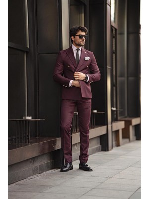 Guild Jesus Slim Fit Bordo Kruvaze Takım Elbise