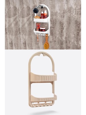 Flosoft 2 Raflı Şampuanlık, Duşa Asılabilir Vantuzlu Banyo Şampuan Sabun Kozmetik Düzenleyici Kahverengi