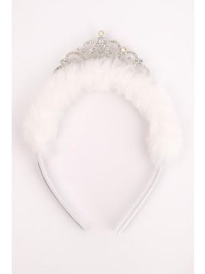 Le Mabelle Beyaz  Tüylü Taşlı Kraliçe Kız Çocuk Taç