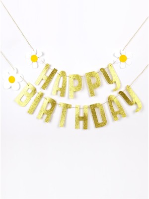 Le Mabelle Gold Simli Papatyalı Happy Birthday Banner