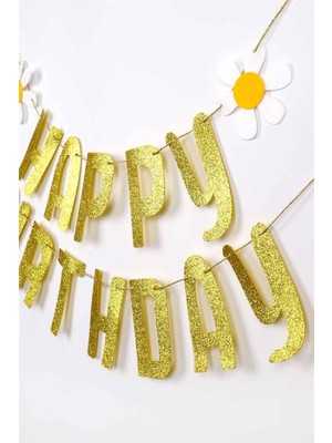 Le Mabelle Gold Simli Papatyalı Happy Birthday Banner