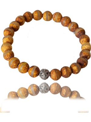 Tesbih Atölyesi Sertifikalı Kahverengi Çizgili Tibet Akik Taşı Bileklik - Gümüş Aparatlı