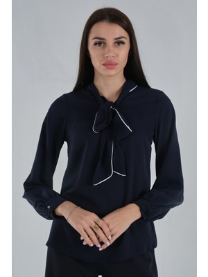 Feminist Lacivert Boyun Şal Bağlama Detaylı Bluz 4594017.02