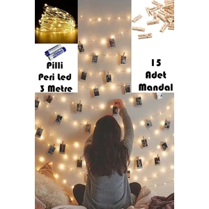 Peri LED Işık Piller Dahil 3 Metre Gün Işığı 30 Ledli +15 Adet Mini Mandal