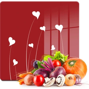 Cam Kesme Tahtası Kare Kırmızı Beyaz Kalp Desenli 30X30 cm