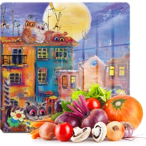 Cam Kesme Tahtası Kare Renkli Kedi Desenli 30X30 cm