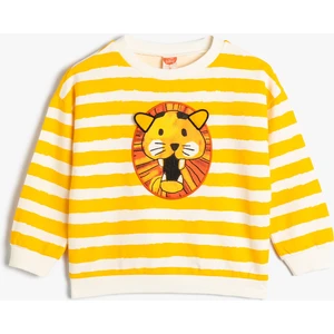 Çizgili Sweatshirt Aslan Grafik Baskılı Uzun Kollu Bisiklet Yaka