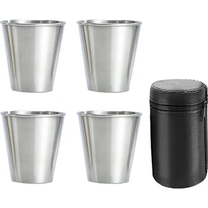 Paslanmaz Çelik Shot Bardakları, 4'lü Bardak Seti, Metal Shot Bardakları, Istiflenebilir, Dış Mekan Için Deri Çantalı Küçük Matara (Yurt Dışından)