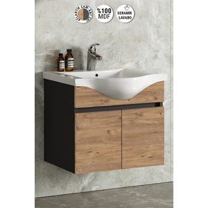 Yıldız 55 cm Antrasit Gri Mat-Atlantik Çam Mdf Seramik Lavabolu Asma Banyo Alt Dolabı