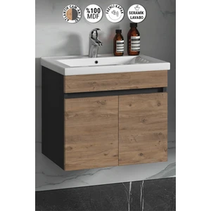 Çiğdem 55 cm Antrasit Gri Mat-Atlantik Çam Mdf Seramik Lavabolu Asma Banyo Alt Dolabı
