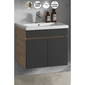 Çiğdem 65 cm Atlantik Çam-Antrasit Gri Mat Mdf Seramik Lavabolu Asma Banyo Alt Dolabı