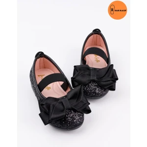 Le Mabelle Siyah Simli Fiyonklu Kız Çocuk Ayakkabı Düz Tabanlı Şık Tasarım