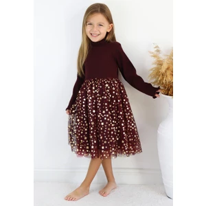 Le Mabelle Bordo  Yıldız Baskılı Tül Etekli Kız Çocuk Elbise - Karen