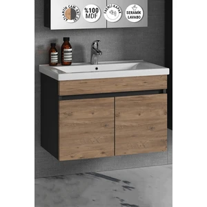 Çiğdem 80 cm Antrasit Gri Mat-Atlantik Çam Mdf Seramik Lavabolu Asma Banyo Alt Dolabı