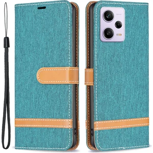 4U Sky Xiaomi Redmi Için Note 12 Pro 5g/note 12 Pro Speed ​​5g/poco X5 Pro 5g Cüzdan Telefon Kılıf Kot Kot Kumaş Doku Deri Deri Kapak Koruyucu Stand Kapak Yeşili (Yurt Dışından)
