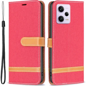 4U Sky Xiaomi Redmi Için Note 12 Pro 5g/note 12 Pro Hız 5g/poco X5 Pro 5g Cüzdan Telefon Kılıf Kot Kot Bez Doku Deri Deri Kapak Koruyucu Stand Kapak Kırmızısı (Yurt Dışından)