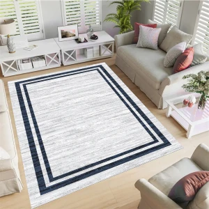 Armolin Halı Beyaz Zemin Lacivert Çizgili Desen Kadife Görünüm Lastikli Halı Örtüsü (Süngersiz) SZZ-1074
