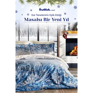 Snowflake Mavi Çift Kişilik Nevresim Takımı 4 Yastıklı Yılbaşı Nevresim New Year