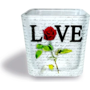 DEKORATİF BUZLU CAM MUMLUK LOVE DESEN 8X8 CM (2 Adet)