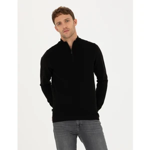Pierre Cardin Erkek Siyah Slim Fit Fermuarlı Dik Yaka Triko Kazak 50281824-VR046