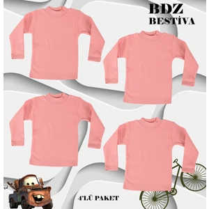4 Lü Paket  Pamuklu Ligralı Yarım Balıkçı Yaka Pembe Çocuk Body