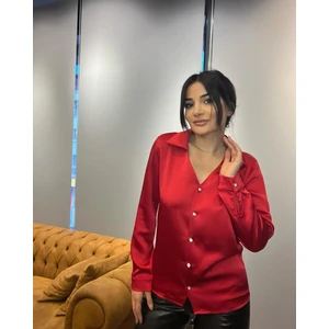 Kırmızı Basic Uzun Kollu  Kadın Saten Gömlek