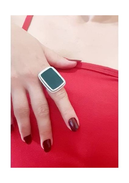 Gümüş Kaplama Antik Çelik Kadın Renkli Kare Yeşil Ayarlanabilir Yüzük