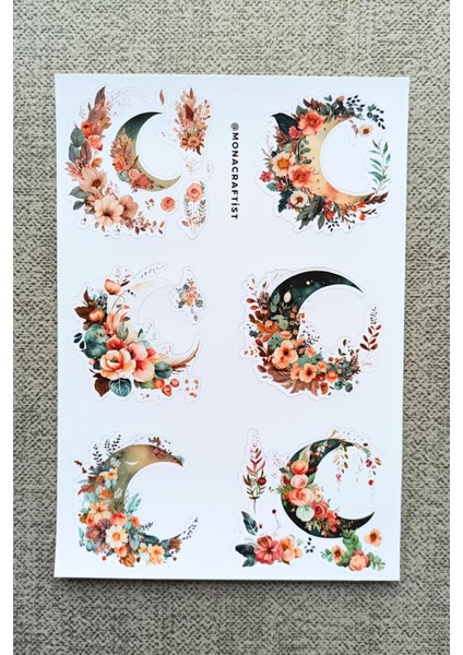 6 Adet Suluboya Çiçekli Hilal Ay Sticker Bullet Journal Scrapbook Laptop Sticker fiyatları