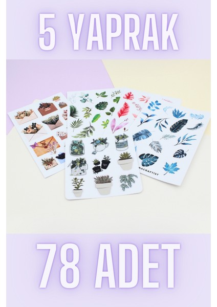 Mona Craftist 78 Adet Yaprak Sticker Seti Bullet Journal Çiçek Sticker Doğa Sticker