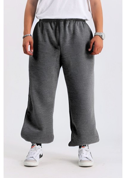 3 Iplik Kalın Şardonlu Yüksek Bel Bol Kalıp Büyük Beden Oversize Eşofman Altı