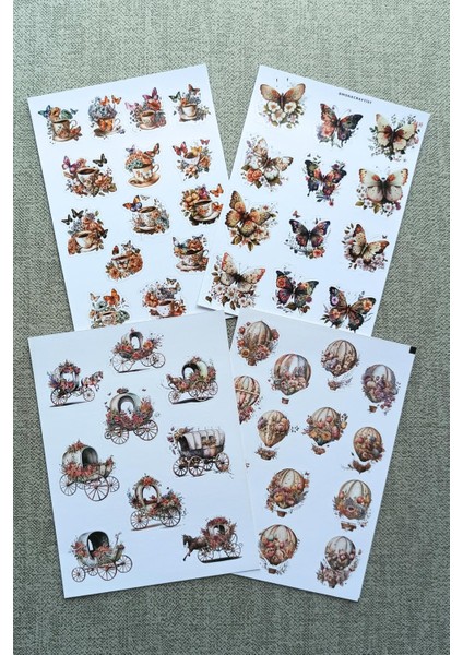 4 Sayfa Vintage Sticker Kelebek Çiçek Fincan At Arabası Sticker Seti
