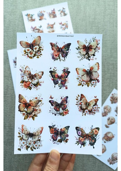 4 Sayfa Vintage Sticker Kelebek Çiçek Fincan At Arabası Sticker Seti modelleri