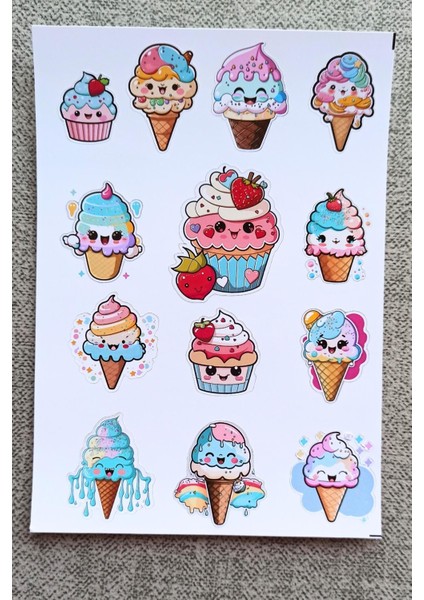 Mona Craftist 13 Adet Sevimli Dondurma Sticker Seti Cupcake Sticker Çocuk Sticker