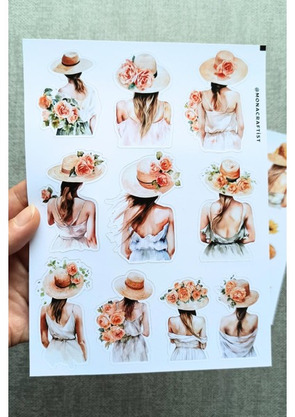 2 Sayfa Ayçiçeği Kız Sticker Gül Kız Sticker Hasır Şapkalı Kız modelleri
