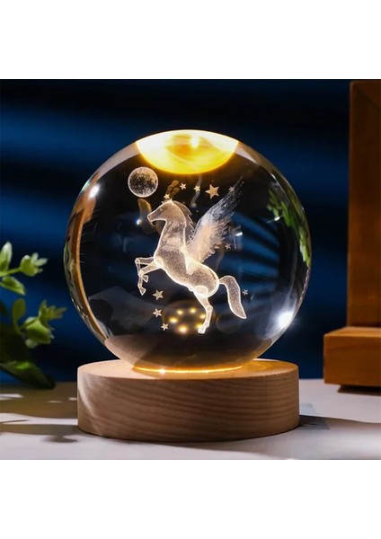 Büyük Boy Işıklı Ahşap Kaideli Pegasus Temalı Cam Küre 8cm