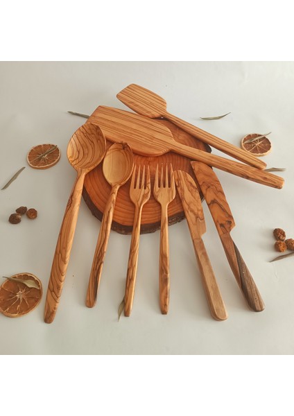 Ahşap Tahta Kaşık, Spatula, Çatal, Bıçak Seti - El Yapımı - Zeytin Ağacı