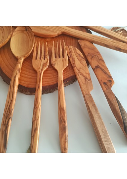 Ahşap Tahta Kaşık, Spatula, Çatal, Bıçak Seti - El Yapımı - Zeytin Ağacı fırsatları