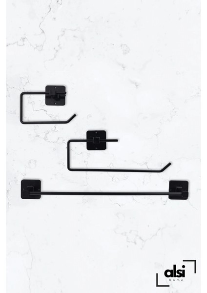 Alsi Home Yapışkanlı Siyah Uzun Havluluk Rulo Havluluk Peçetelik Wc Kağıtlık 3'lü Pratik Banyo Mutfak Set