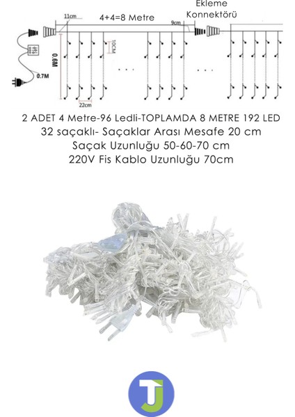 8 Metre  192 Ledli Perde LED Saçaklı Kablolu Fişli Eklenebilir Yılbaşı Parti Organizasyon