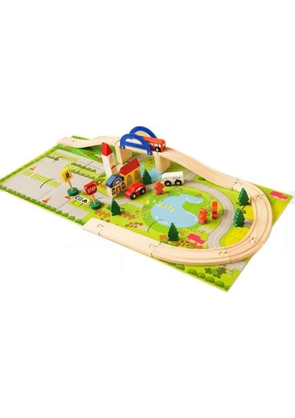 Ahşap 40 Parça Trafik Araba Yolu Seti Puzzle Zeminli