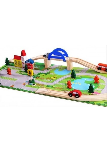 Ahşap 40 Parça Trafik Araba Yolu Seti Puzzle Zeminli