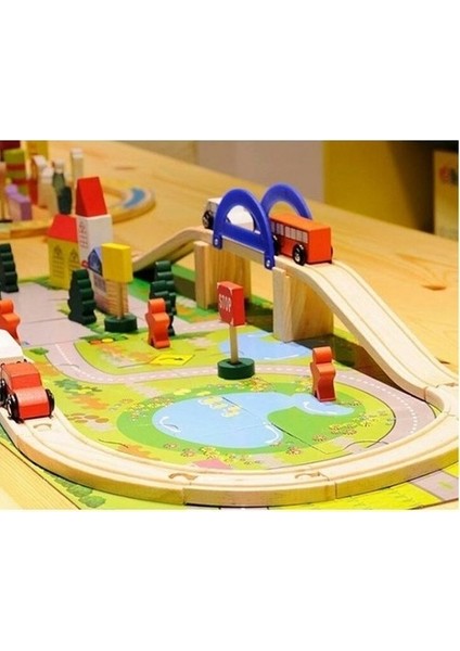 Ahşap 40 Parça Trafik Araba Yolu Seti Puzzle Zeminli