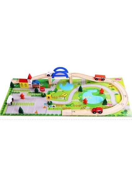 Ahşap 40 Parça Trafik Araba Yolu Seti Puzzle Zeminli