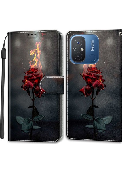 Xiaomi Redmi 12C 4g Için Desen Baskılı Deri Kapak, Stant ile Anti-Damla Telefon Kasası, Kayış Ateşi Gülü (Yurt Dışından)