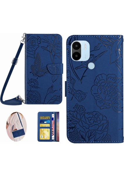 Xiaomi Için Redmi A1+ 4g/a2+ 4g/poco C50 4g HT03 Baskılı Kelebek Çiçekleri Cüzdan Magnetic Kapak Cilt Dokunuşlu Pu Deri Görüntüleme Stand Stand Omuz Kayış Mavisi ile Telefon Kılıfı (Yurt Dışından)