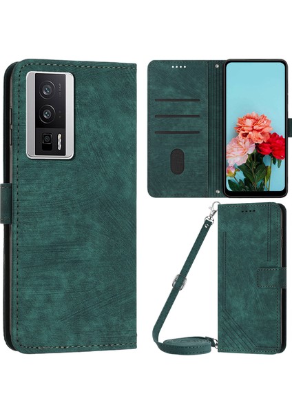 Xiaomi Poco F5 Pro 5g/redmi K60 Pro 5G/K60 5g Deri Telefon Kılıf Hatları Baskılı Stand Telefon Cüzdanı Kapak Yeşili (Yurt Dışından)
