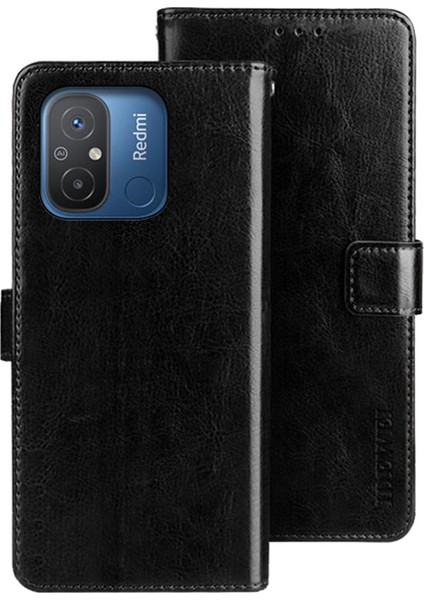Xiaomi Redmi 12C 4g Için Flip Anti-Drop Telefon Kapağı, Çılgın At Dokusu Pu Deri Deri Flip Cüzdan Kılıfı Stand-Black (Yurt Dışından)