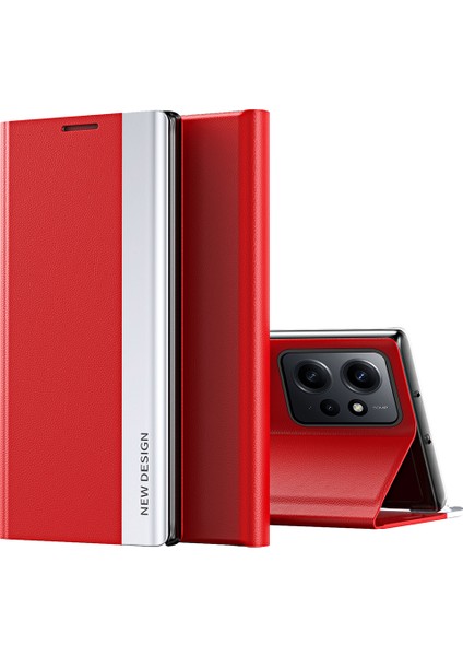 Xiaomi Için Redmi Not 12 4g Pu Deri Flip Stand Telefon Kapağı Elektraplatma Şok Geçirmez Kasa-Kırmızı (Yurt Dışından)