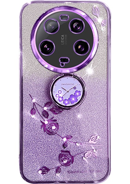 Xiaomi 13 Ultra Çiçek Deseni Glitter Şok Geçirmez Tpu Kapak Yüzüğü Kickstand Telefon Vaka-Mor (Yurt Dışından)